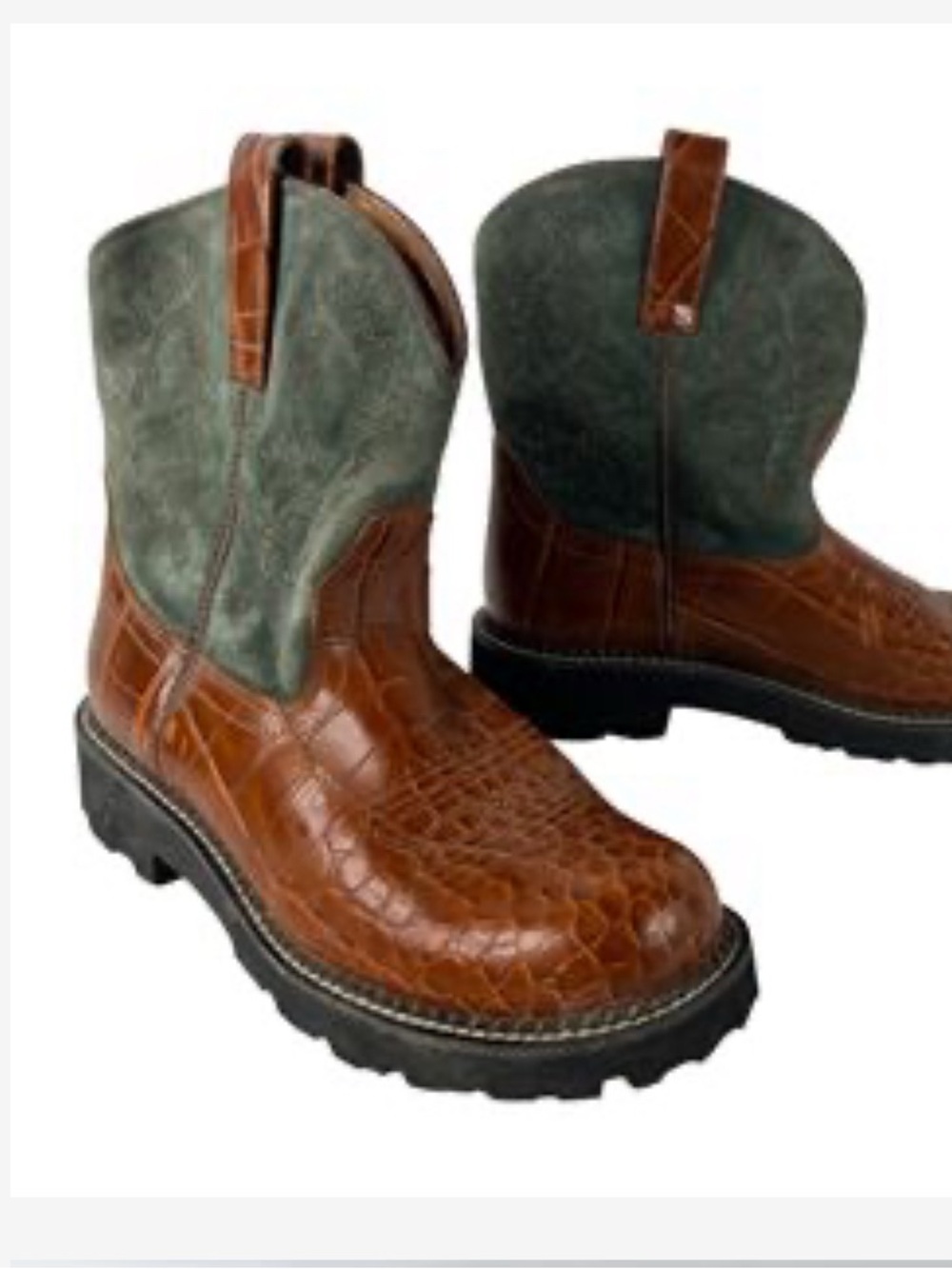 Ariat Brown Croc-Embossed Leather & Green Suede Pull-On Boots size 10B